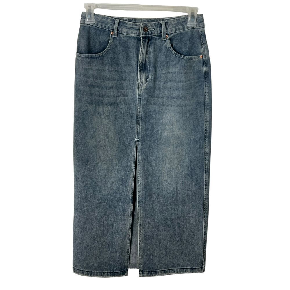 Happily Grey‎ Denim Maxi Skirt Front Slit Medium Wash Cottage Core Timeless 5